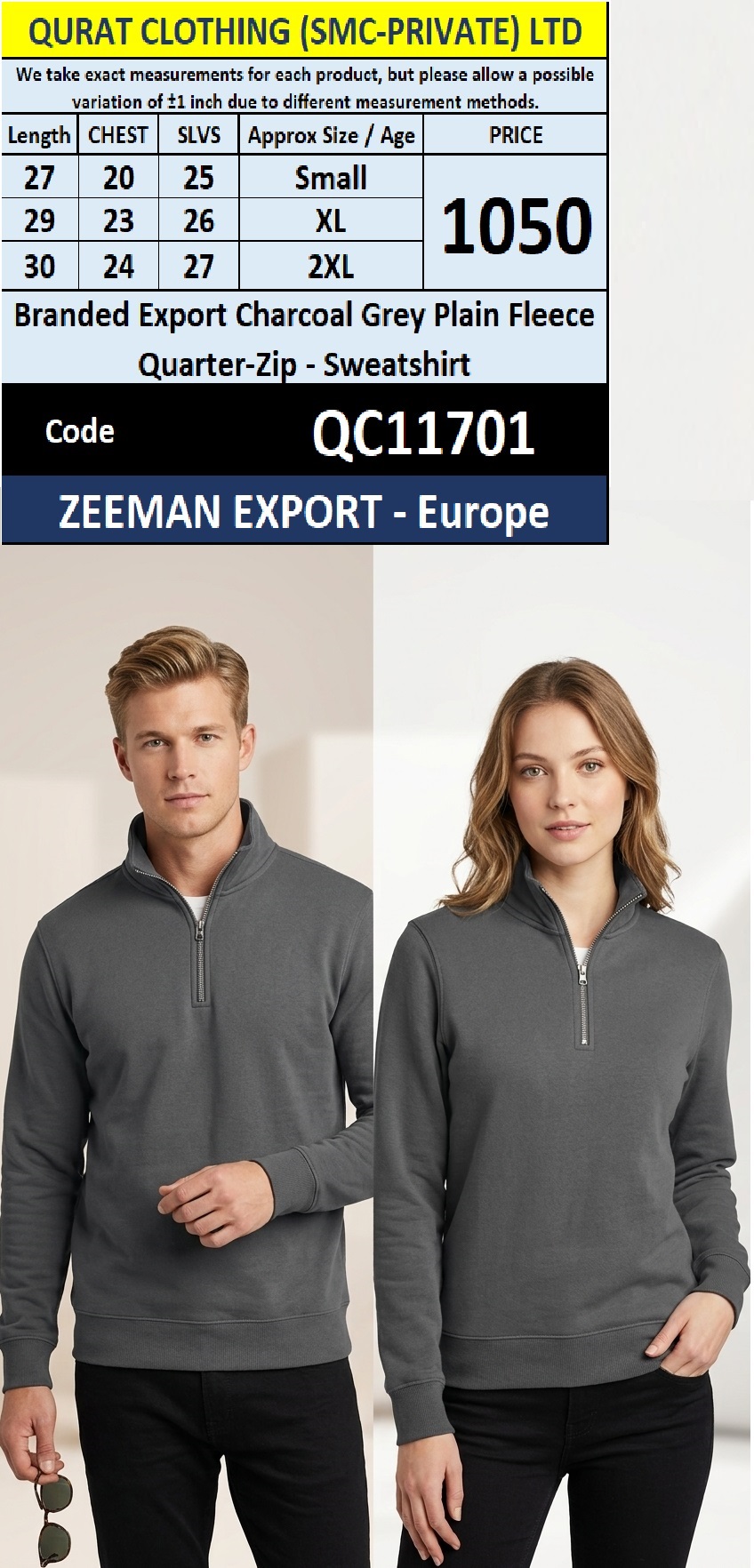 Zeeman Export Europe Branded Export Charcoal Grey Plain Fleece Quarter-Zip Sweatshirt QC11701