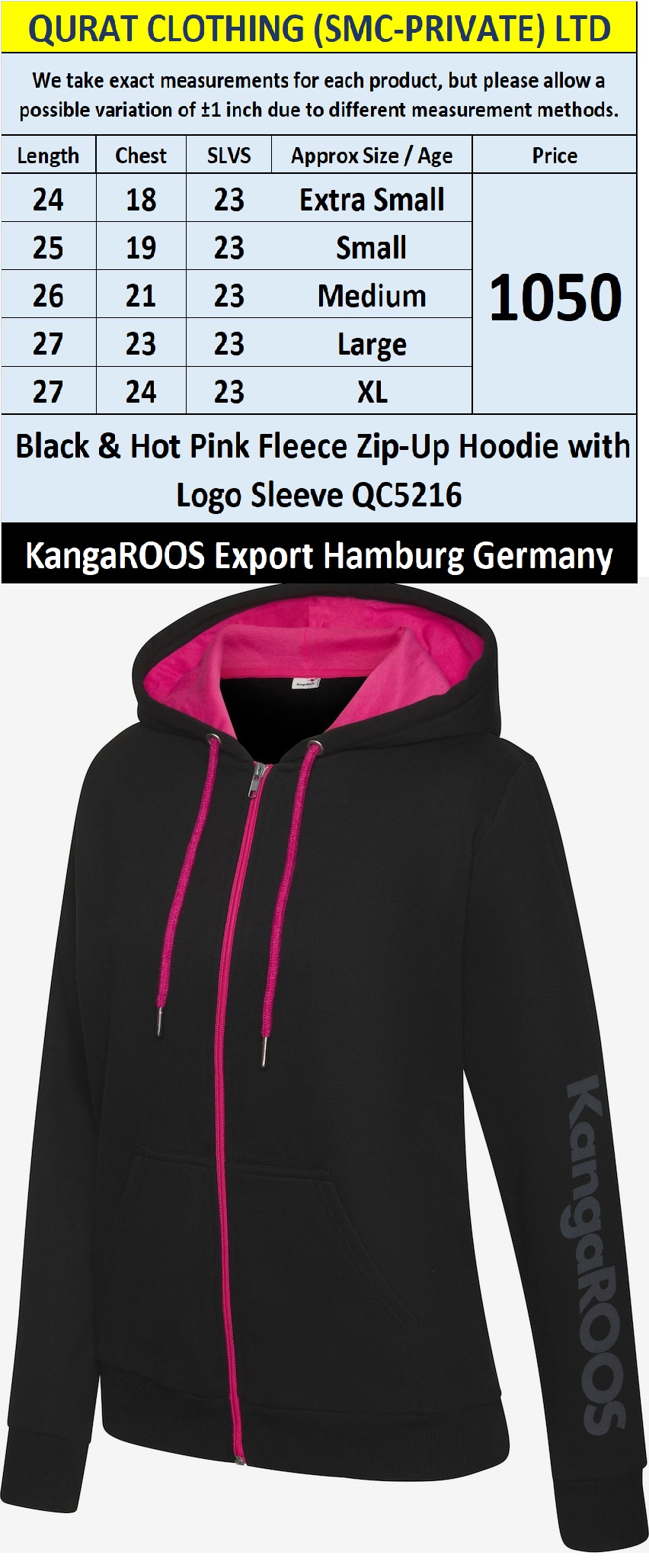 KangaROOS Black & Hot Pink Fleece Zip-Up Hoodie with Logo Sleeve QC5216 – Export Hamburg Germany
