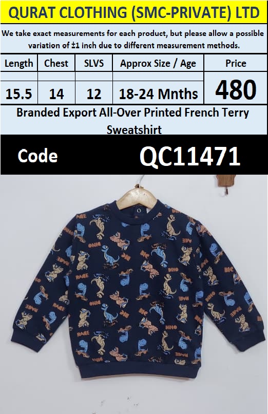 Branded Export Navy Blue All-Over Printed French Terry Kids Sweatshirt – QC11471
