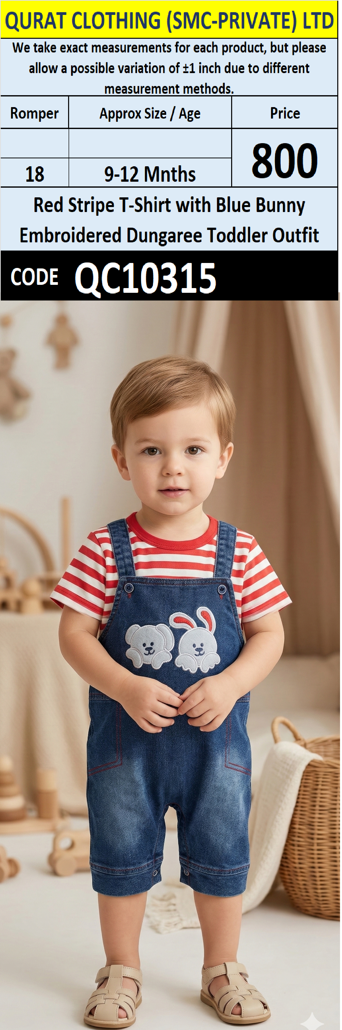 Red Stripe T-Shirt with Blue Bunny Embroidered Dungaree Toddler Outfit – QC10315