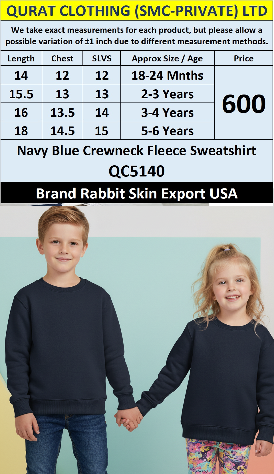Rabbit Skin Brand Navy Blue Crewneck Fleece Sweatshirt QC5140 – Export USA