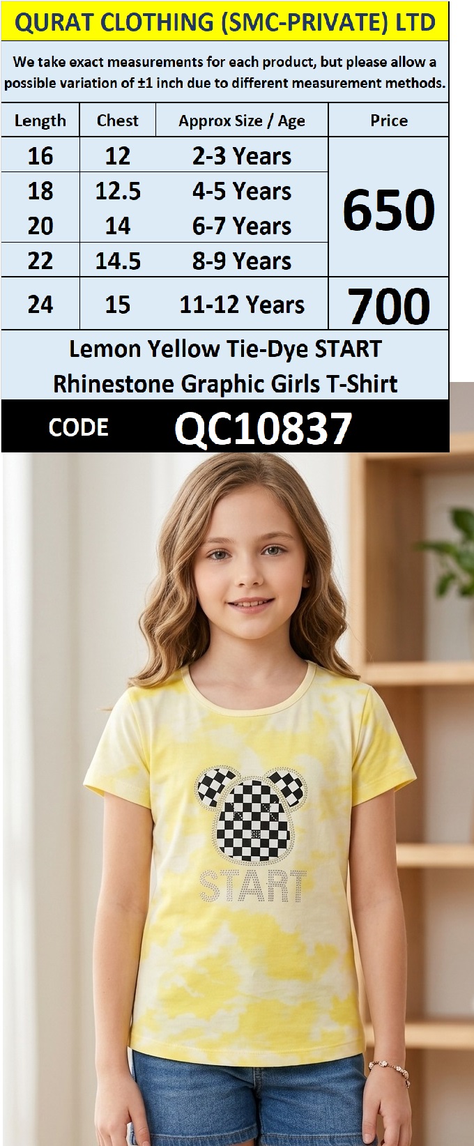 Lemon Yellow Tie-Dye START Rhinestone Graphic Girls T-Shirt QC10837