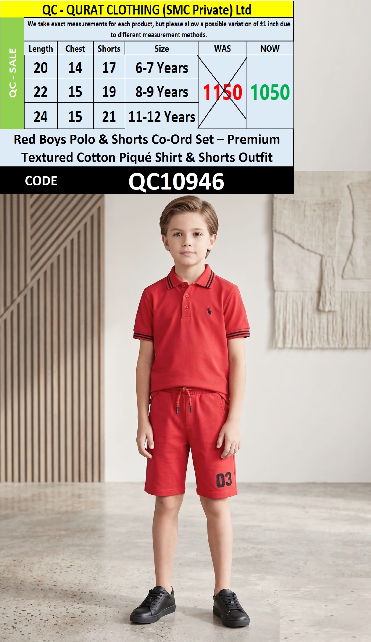 Red Boys Polo & Shorts Co-Ord Set – Premium Textured Cotton Piqué Shirt & Shorts Outfit QC10946