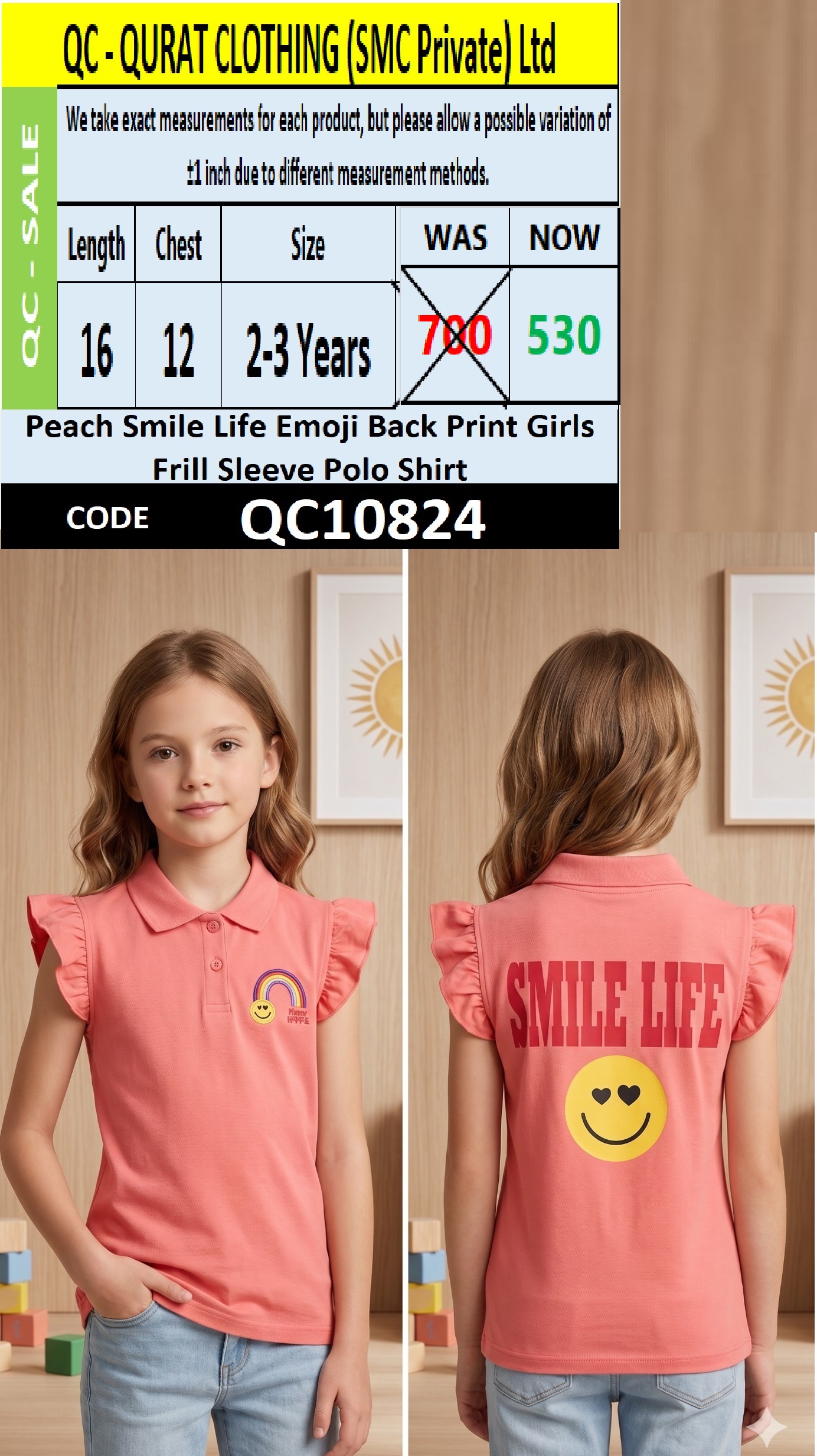 Peach Smile Life Emoji Back Print Girls Frill Sleeve Polo Shirt QC10824