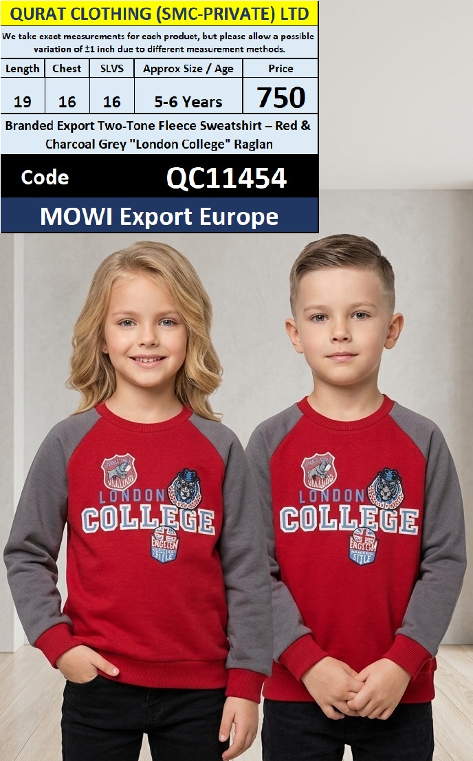 QC11454 – Branded Export Red & Charcoal Grey “London College” Two-Tone Raglan Fleece Sweatshirt – MOWI Export Europe
