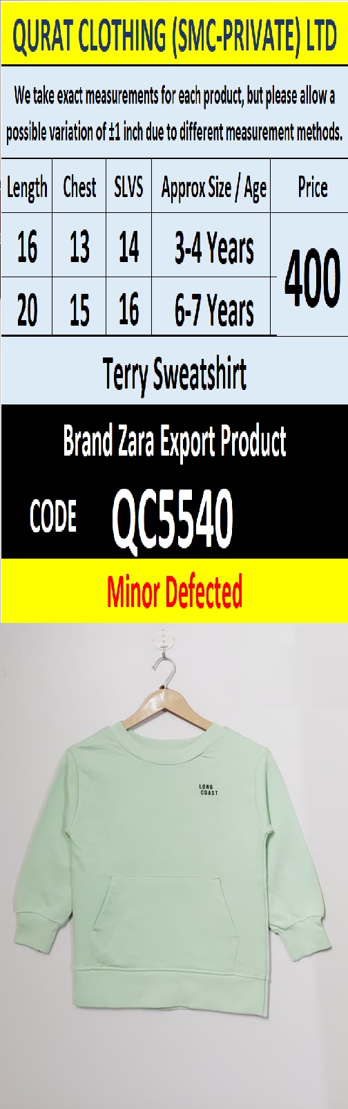 Brand ZARA Terry Sweatshirt Export Europe or USA (Minor Defected Product) - QC5540
