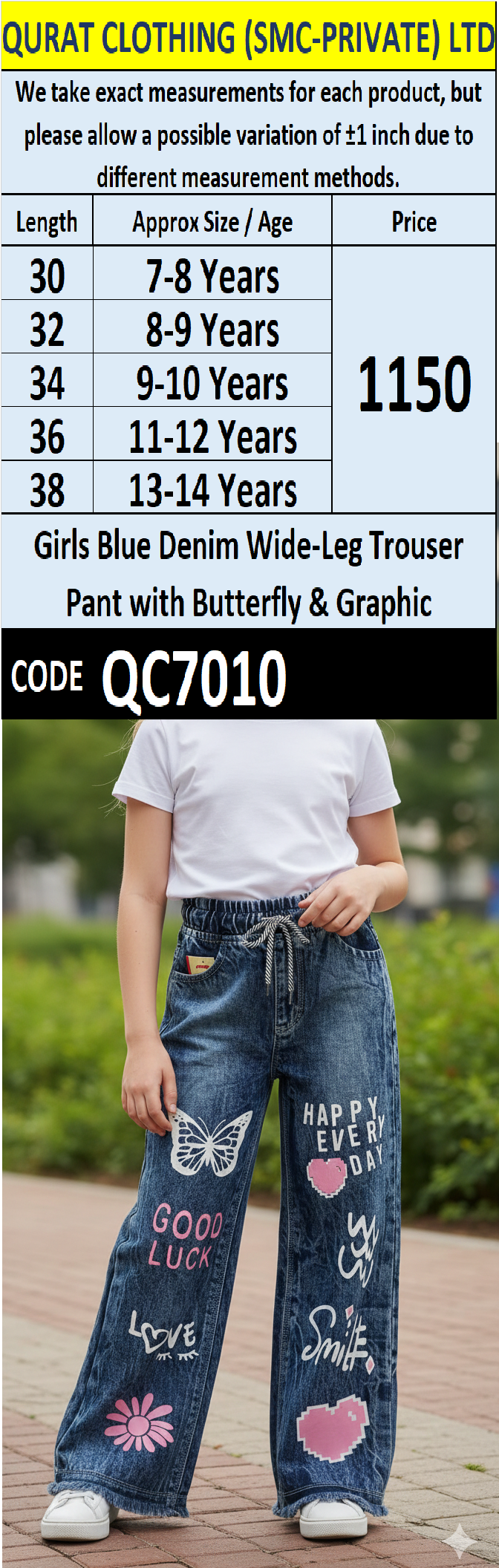 Girls Blue Denim Wide-Leg Trouser with Butterfly & Graphic Print – Trendy Kids Fashion QC7010