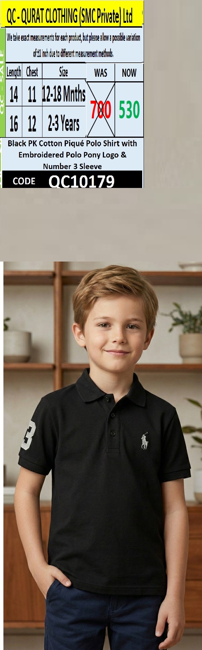 Black PK Cotton Piqué Polo Shirt with Embroidered Polo Pony Logo & Number 3 Sleeve – QC10179