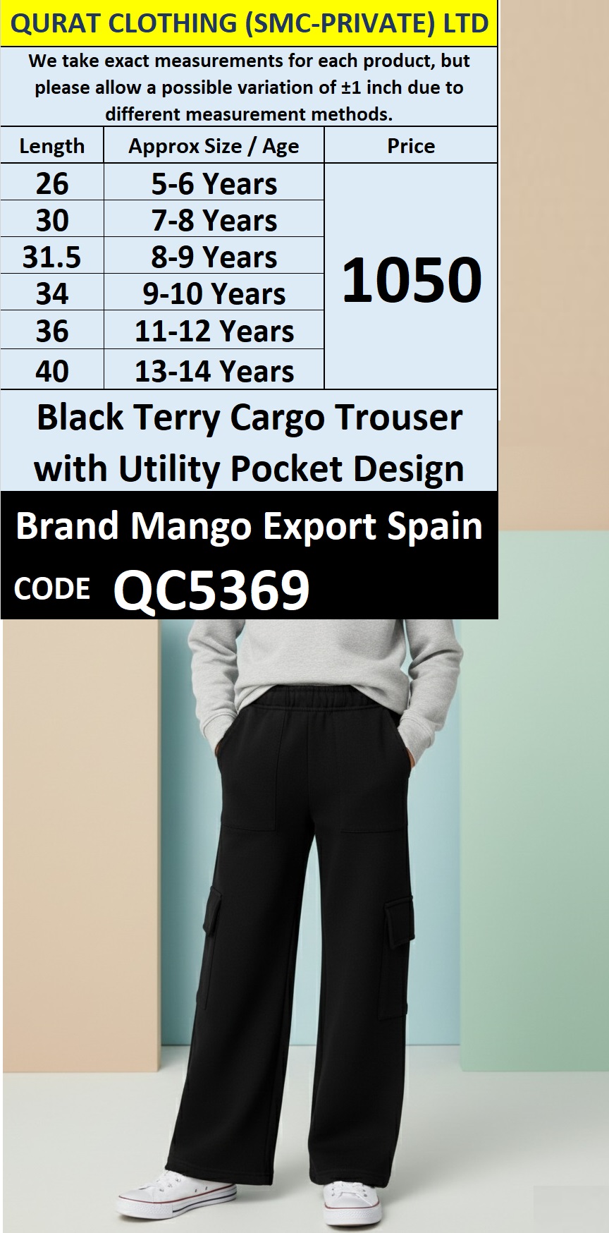 Black Terry Cargo Trouser with Utility Pocket Design QC5369 | Mango Export Spain