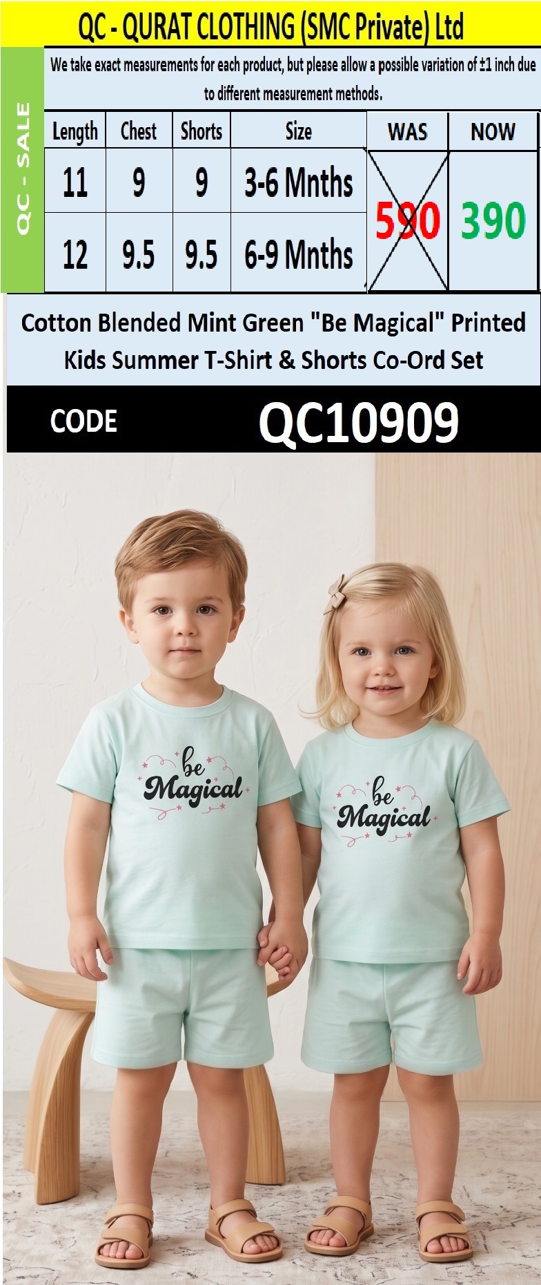 Cotton Blended Mint Green "Be Magical" Printed Kids Summer T-Shirt & Shorts Co-Ord Set - QC10909