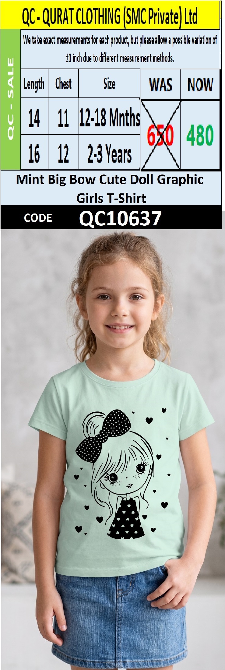 Mint Big Bow Cute Doll Graphic Girls T-Shirt QC10637