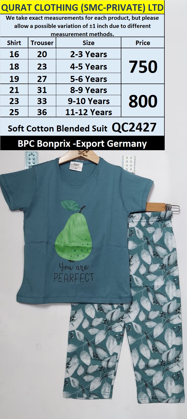 BPC Bonrpix Brand Soft Cotton Blended Suit QC2427 Export Germany