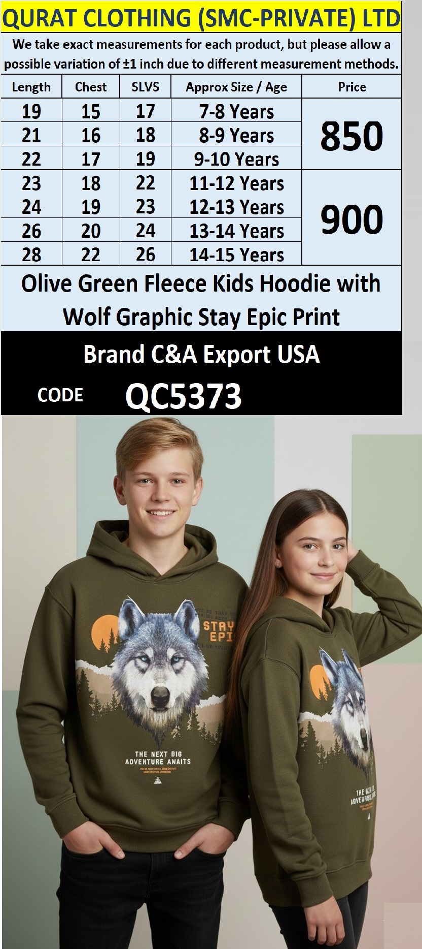 Olive Green Fleece Kids Hoodie Wolf Graphic Stay Epic Print QC5373 | C&A Export USA