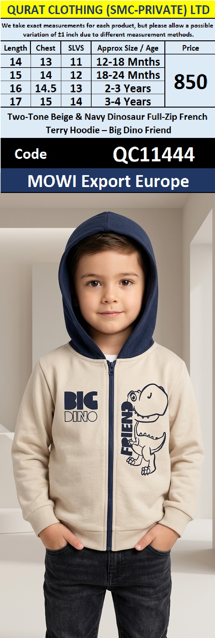 MOWI Export Europe Two-Tone Beige & Navy Dinosaur Full-Zip French Terry Hoodie – Big Dino Friend – QC11444