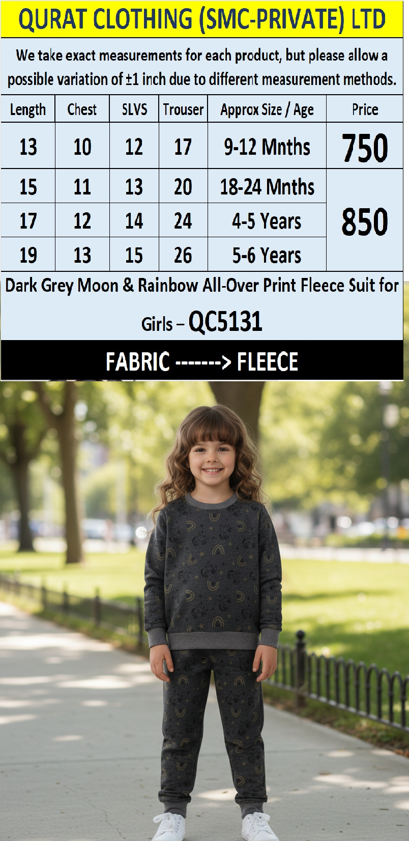 Dark Grey Moon & Rainbow All-Over Print Fleece Suit for Girls – QC5131
