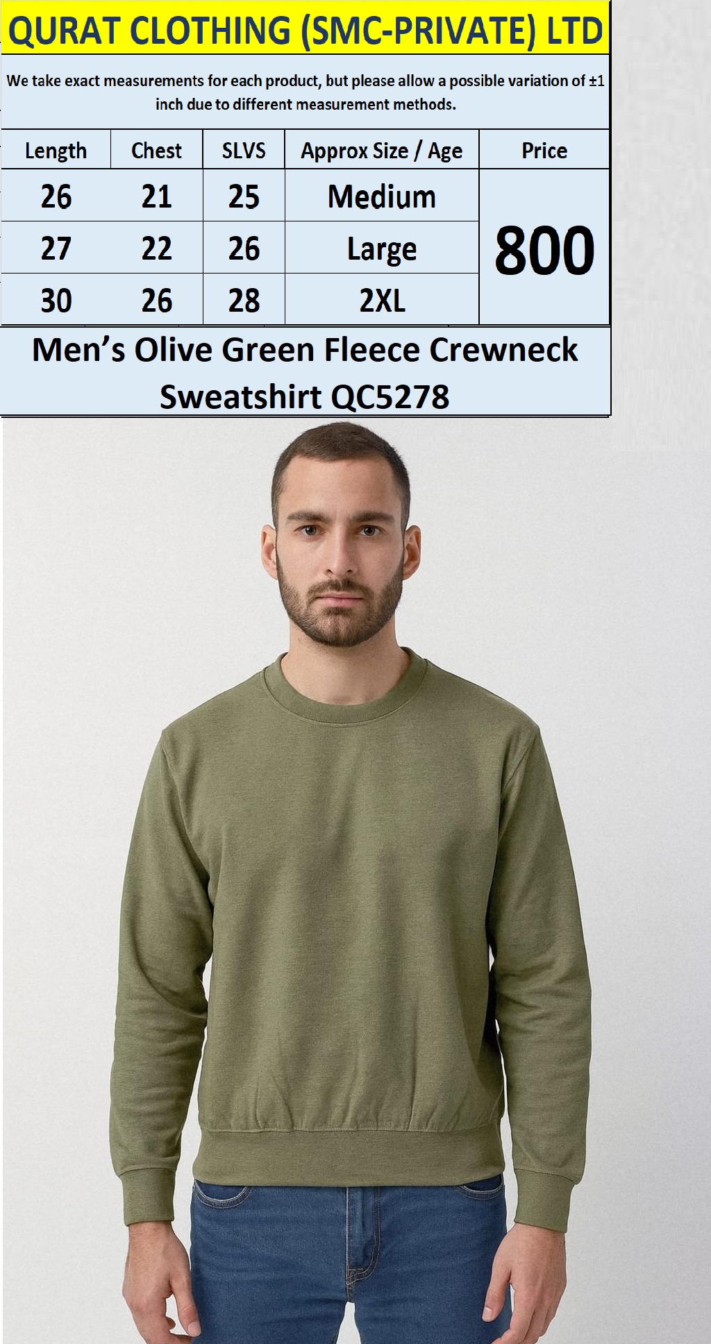 Men’s Olive Green Fleece Crewneck Sweatshirt QC5278 – Export Leftover