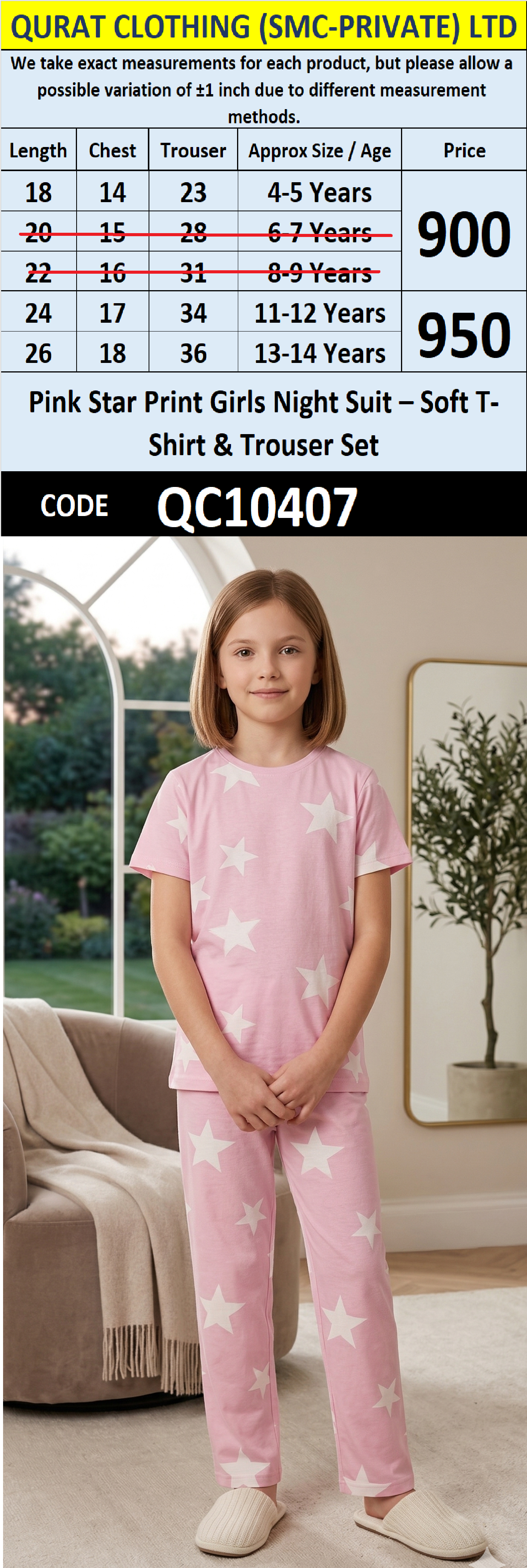 Pink Star Print Girls Night Suit – Soft T-Shirt & Trouser Set QC10407