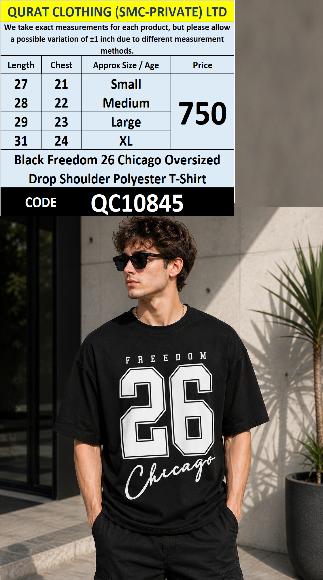 Black Freedom 26 Chicago Oversized Drop Shoulder Polyester T-Shirt QC10845