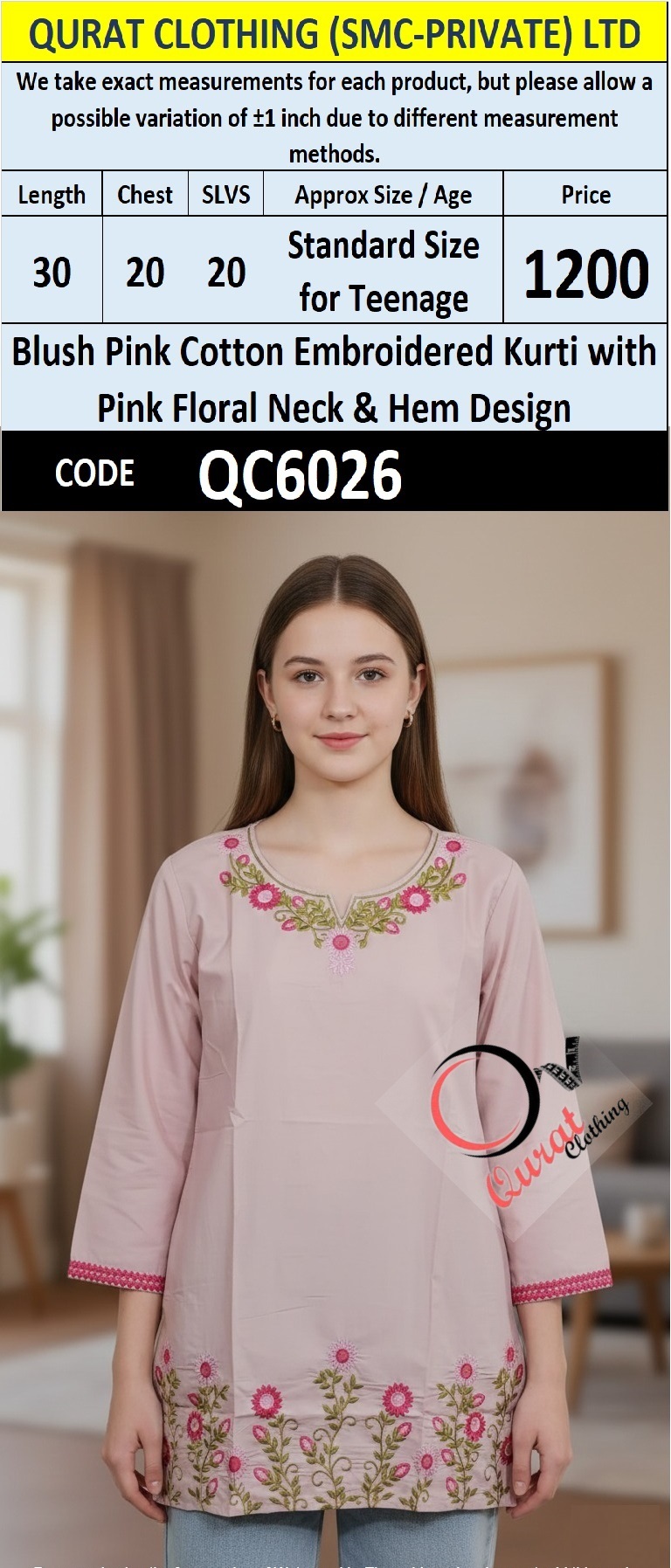 Blush Pink Cotton Embroidered Kurti with Pink Floral Neck & Hem Design – QC6026