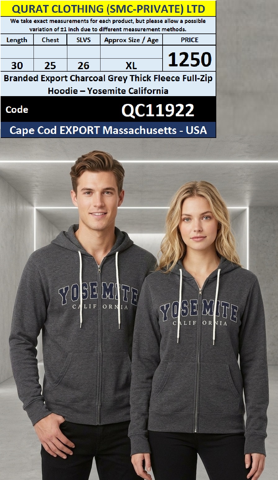 Branded Export Charcoal Grey Thick Fleece Full-Zip Hoodie – Yosemite California – Cape Cod Massachusetts USA – QC11922