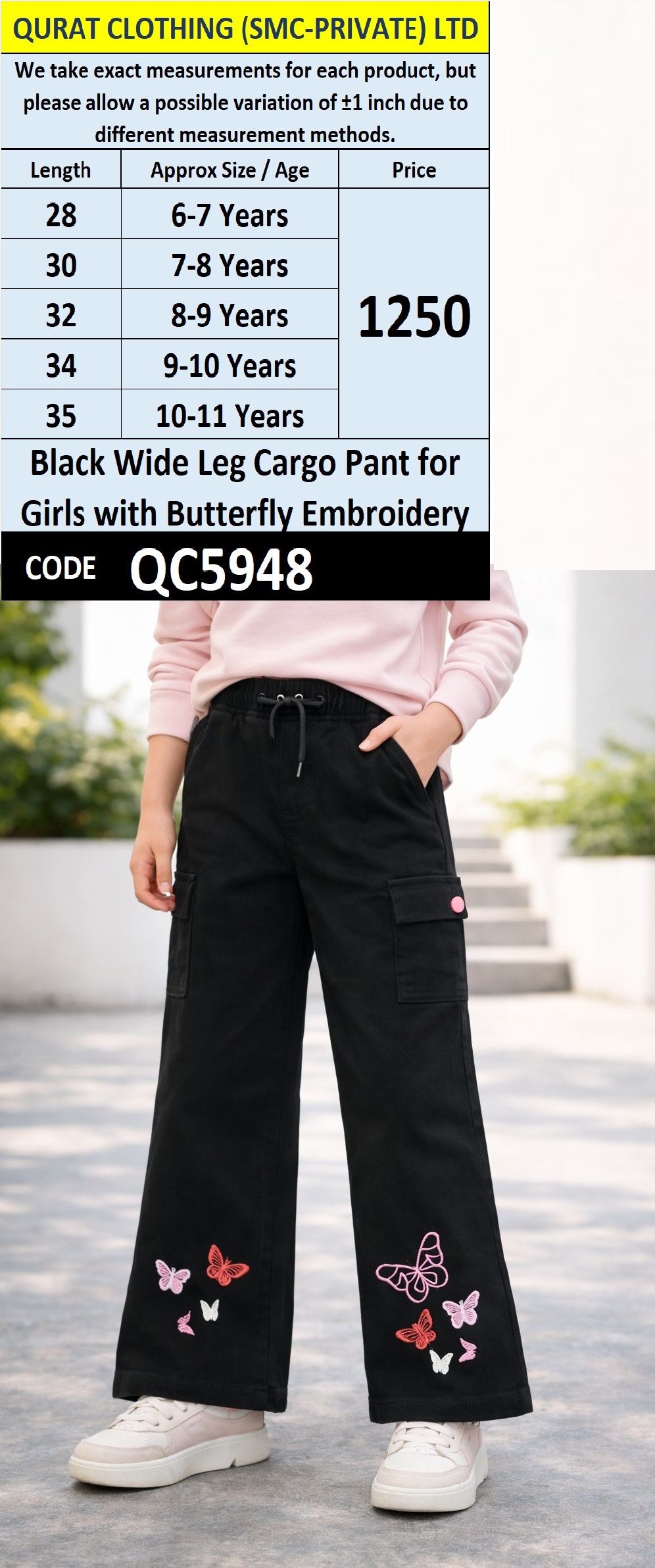 Black Denim Wide Leg Cargo Pant for Girls with Butterfly Embroidery QC5948