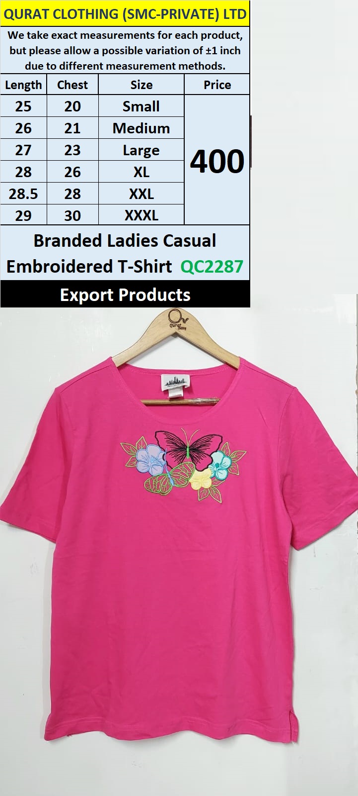 Branded Ladies Casual Wear Embroidered T-shirt QC2287 - Export Product 