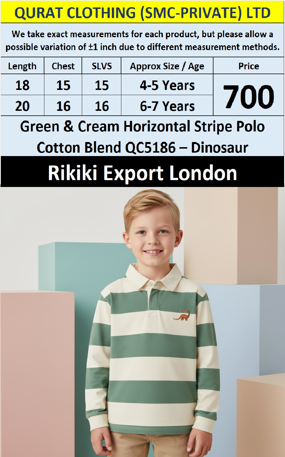 Rikiki Green & Cream Horizontal Stripe Polo QC5186 “Dinosaur” – Export London