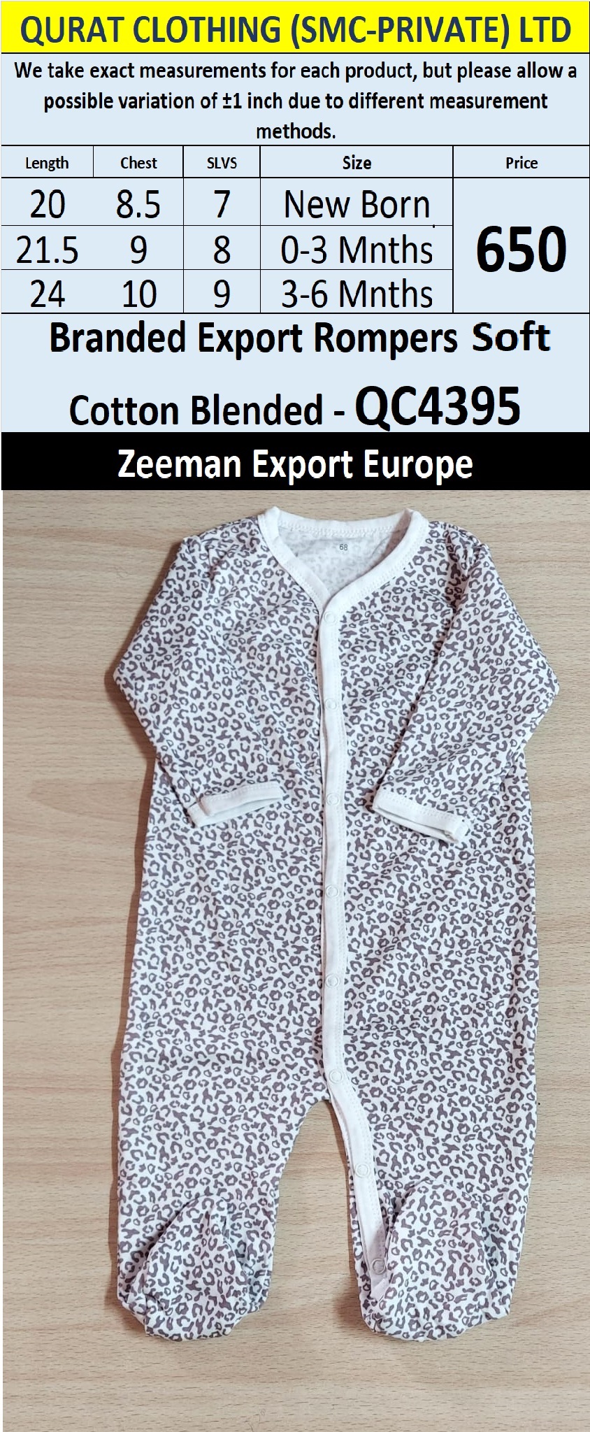 Zeeman Brand Soft Cotton Blended Romper Export Europe - QC4395