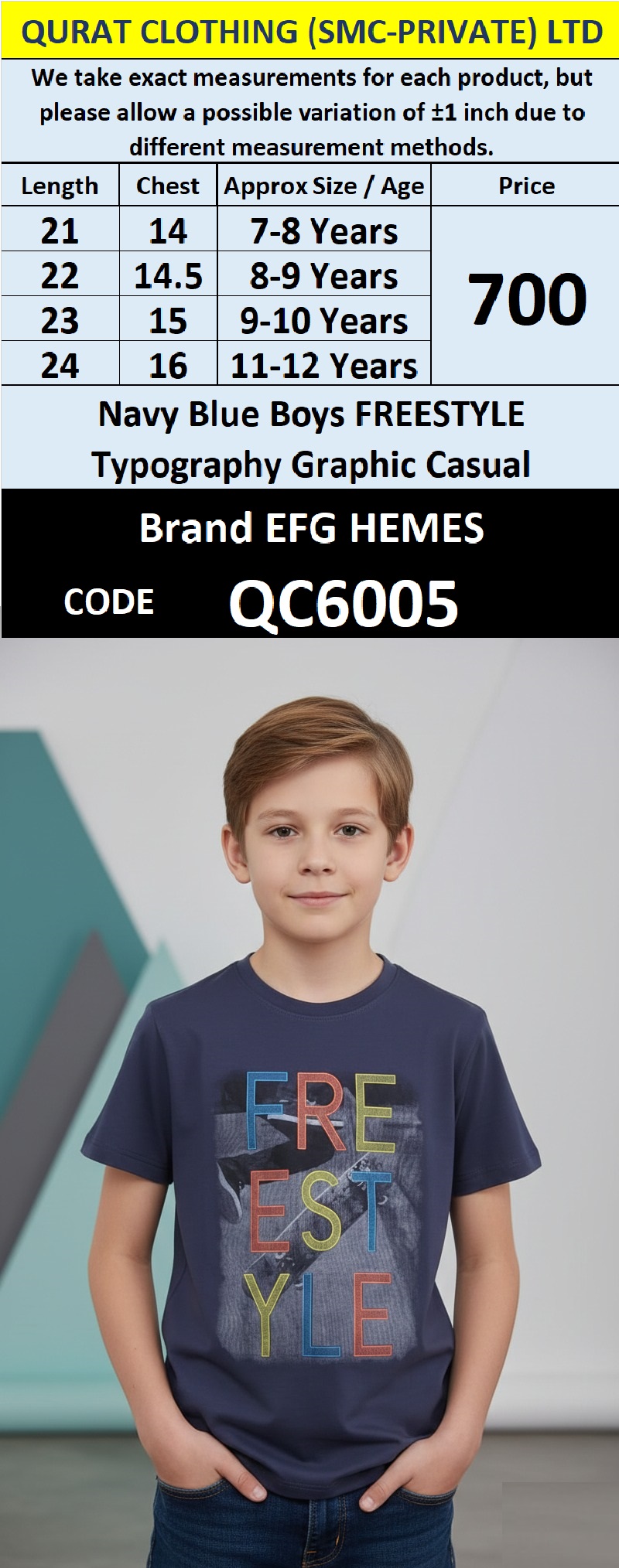 Navy Blue Cotton Blend Boys T-Shirt FREESTYLE Typography Graphic – QC6005