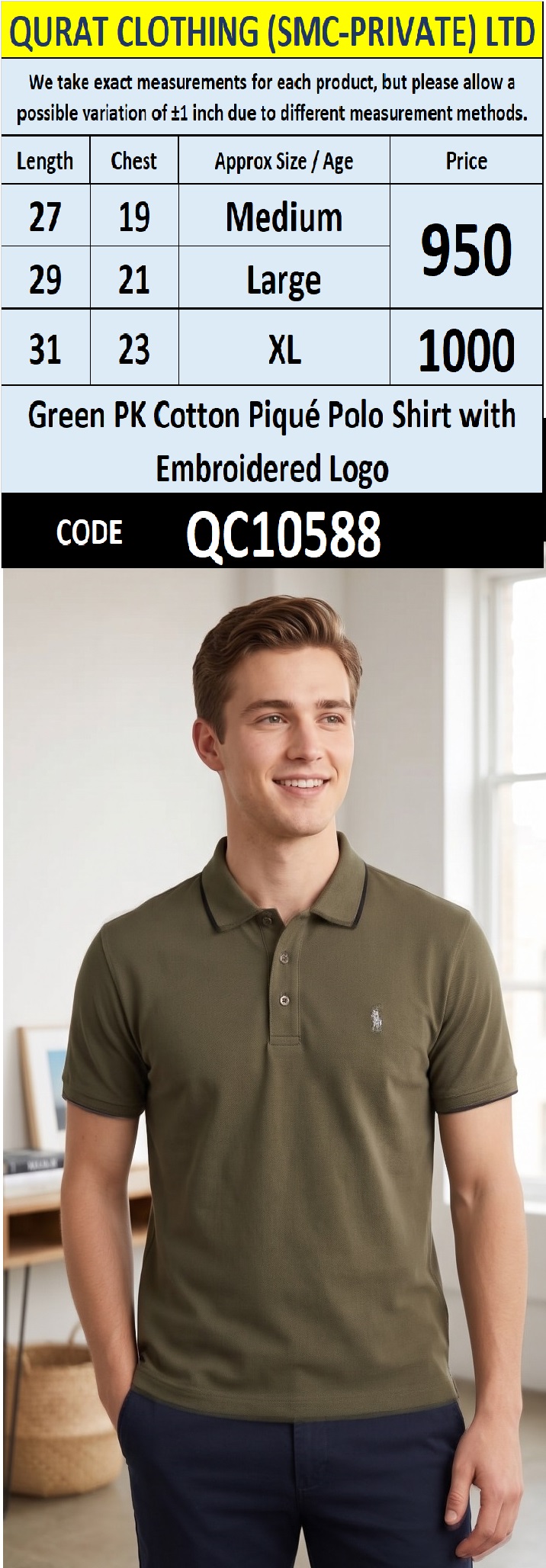 Green PK Cotton Piqué Polo Shirt with Embroidered Logo QC10588