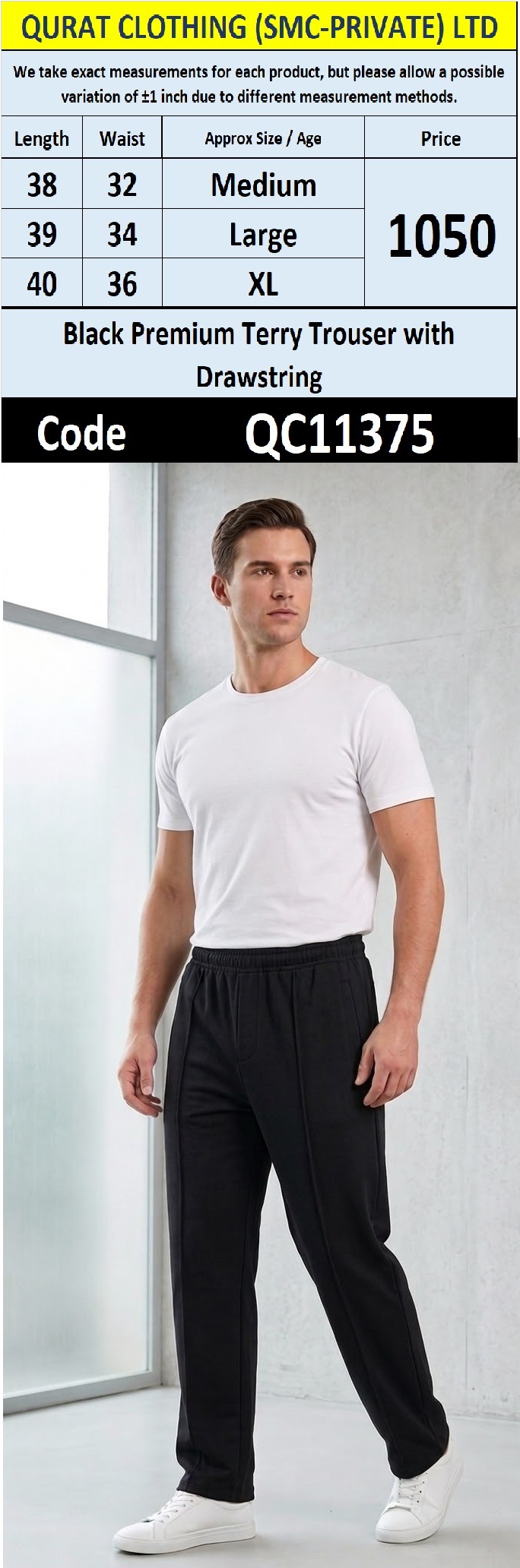 Black Premium Terry Trouser with Drawstring – QC11375