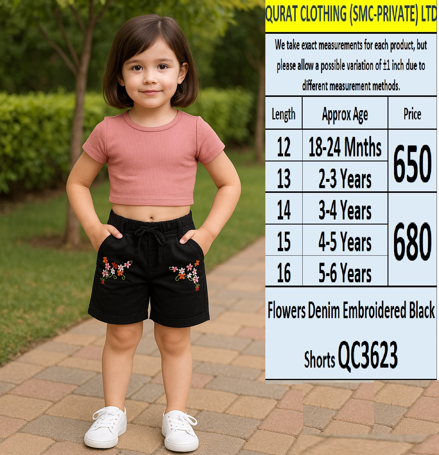 Flower Embroidered Black Short QC3623