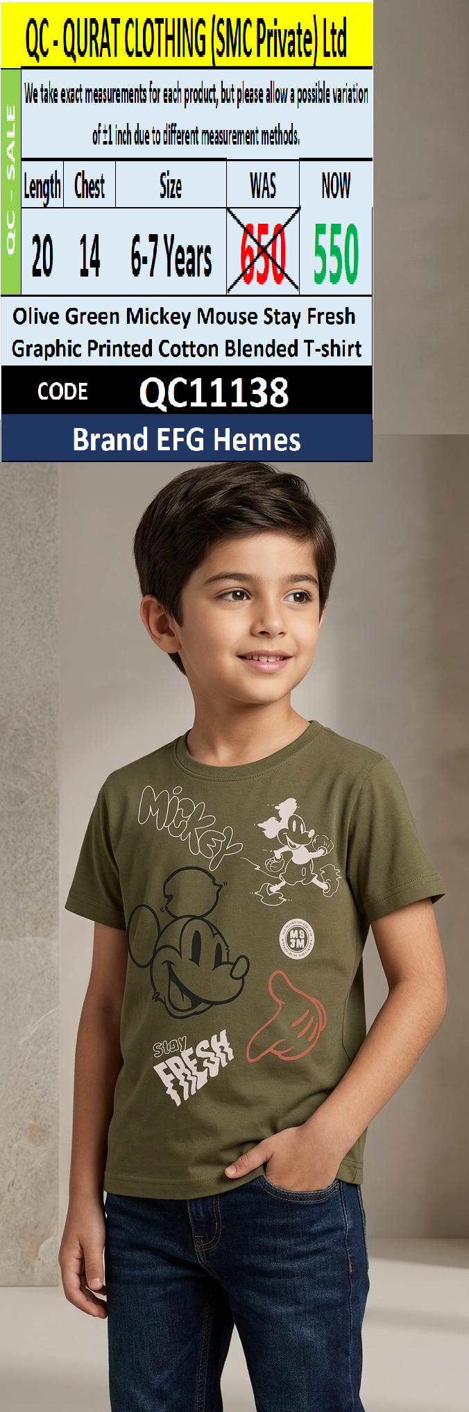 Olive Green Mickey Mouse Stay Fresh Graphic Printed Cotton Blended T-shirt QC11138 – EFG Hemes