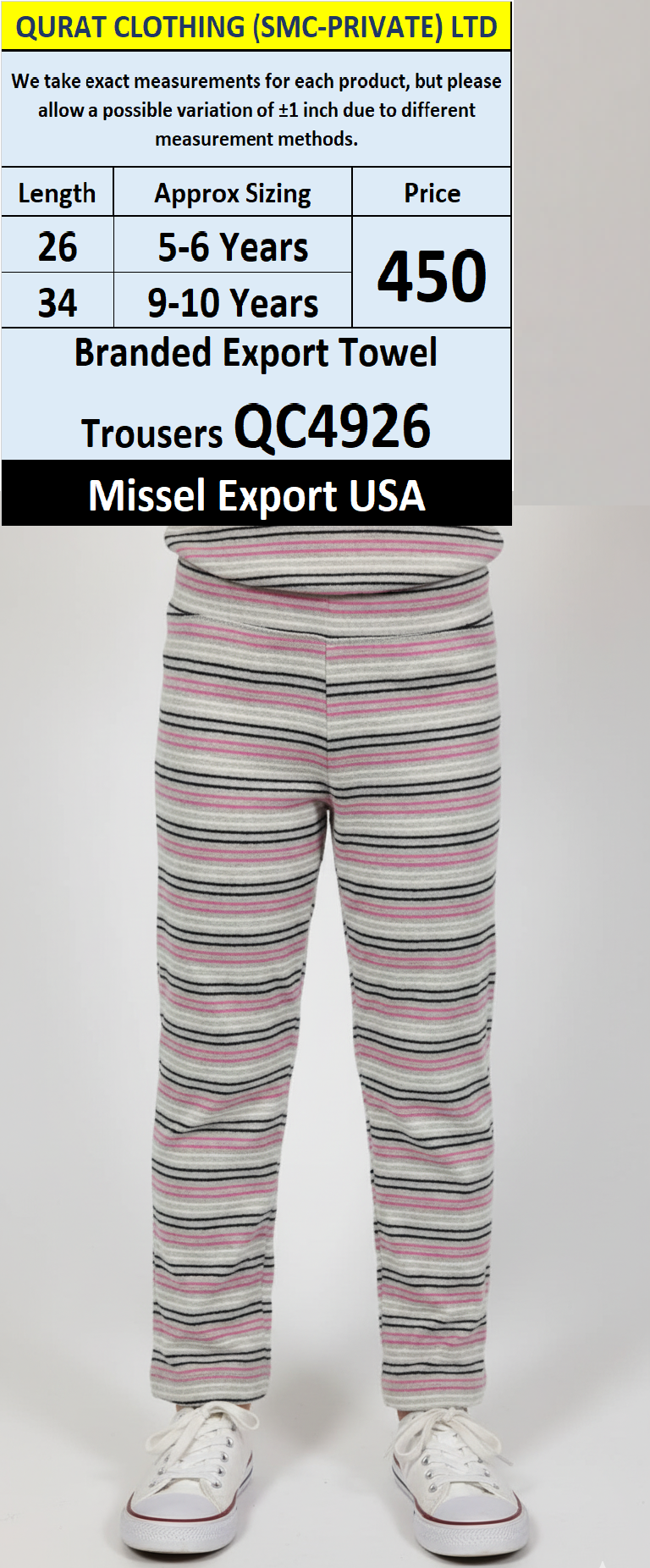 Missel QC4926 Kids Striped Towel Fabric Trousers – Grey with Pink & Black Stripes | USA Export