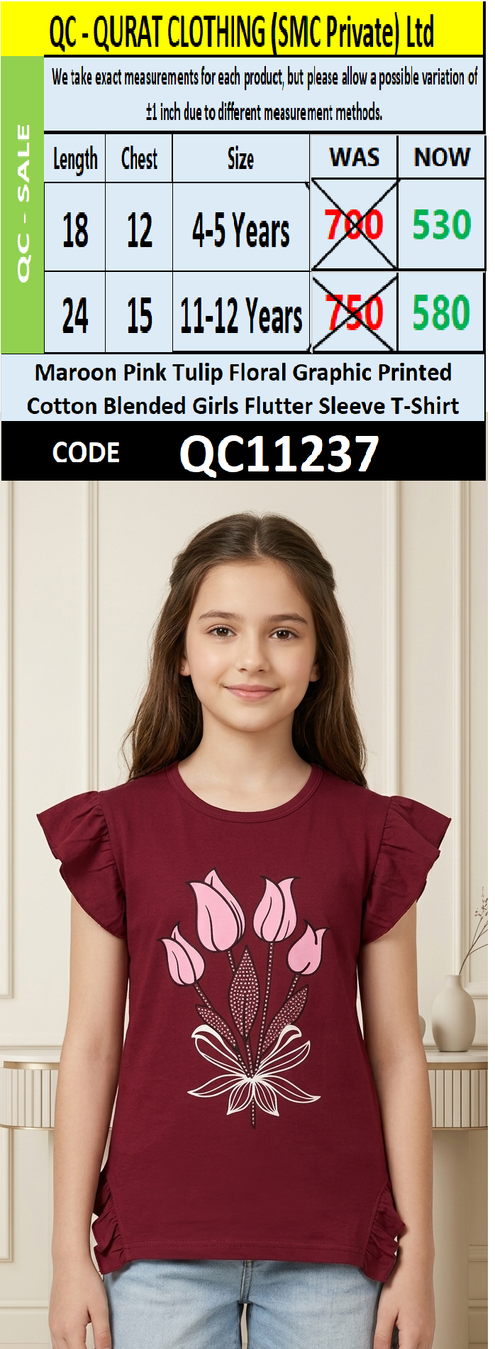 Maroon Pink Tulip Floral Graphic Printed Cotton Blended Girls Flutter Sleeve T-Shirt QC11237