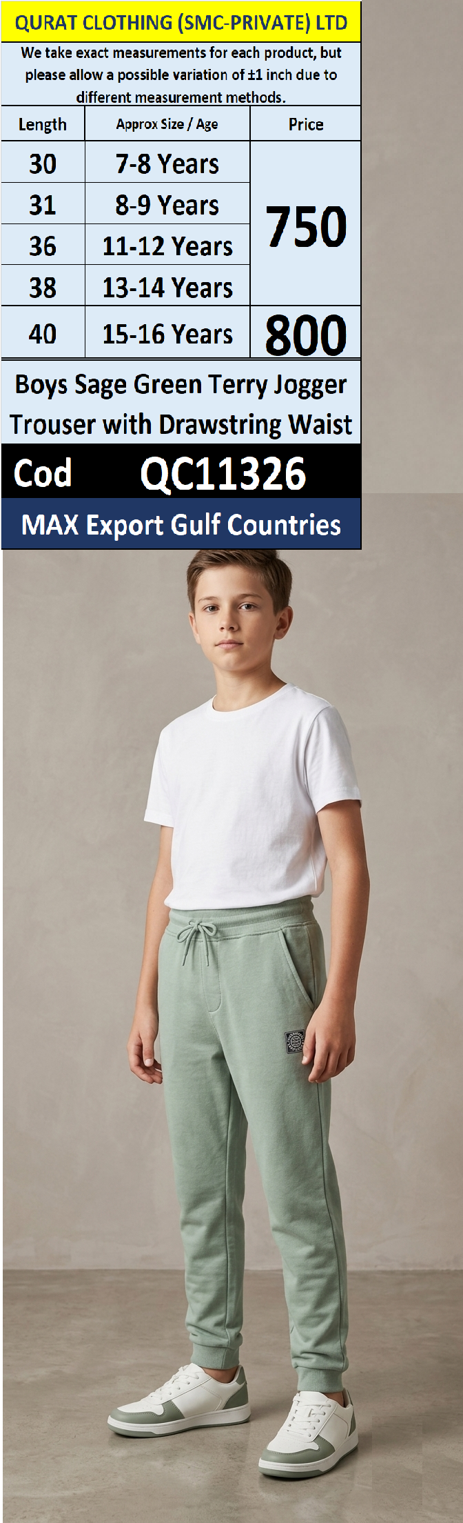 Boys Sage Green Terry Jogger Trouser with Drawstring Waist – MAX Export Gulf Countries | QC11326