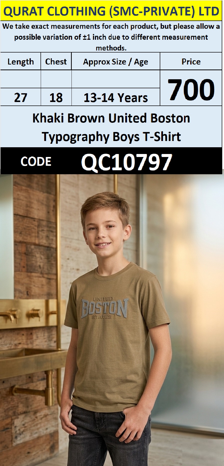 Khaki Brown United Boston Typography Boys T-Shirt QC10797