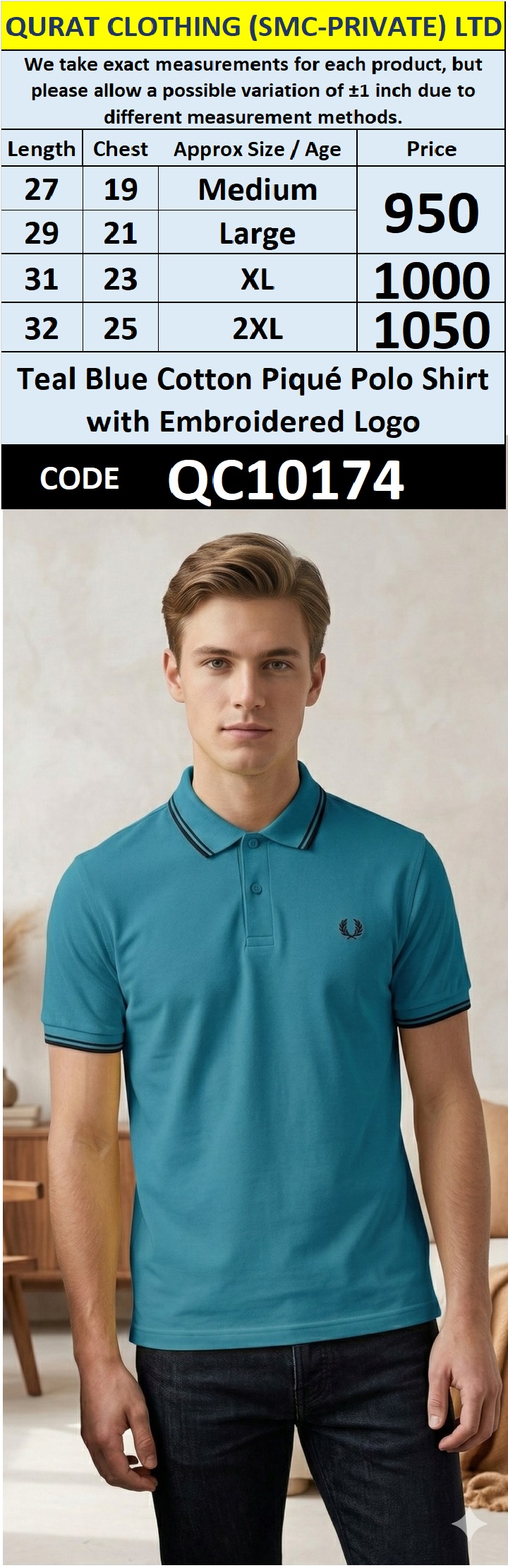 Teal Blue Cotton Piqué Polo Shirt with Embroidered Logo QC10174