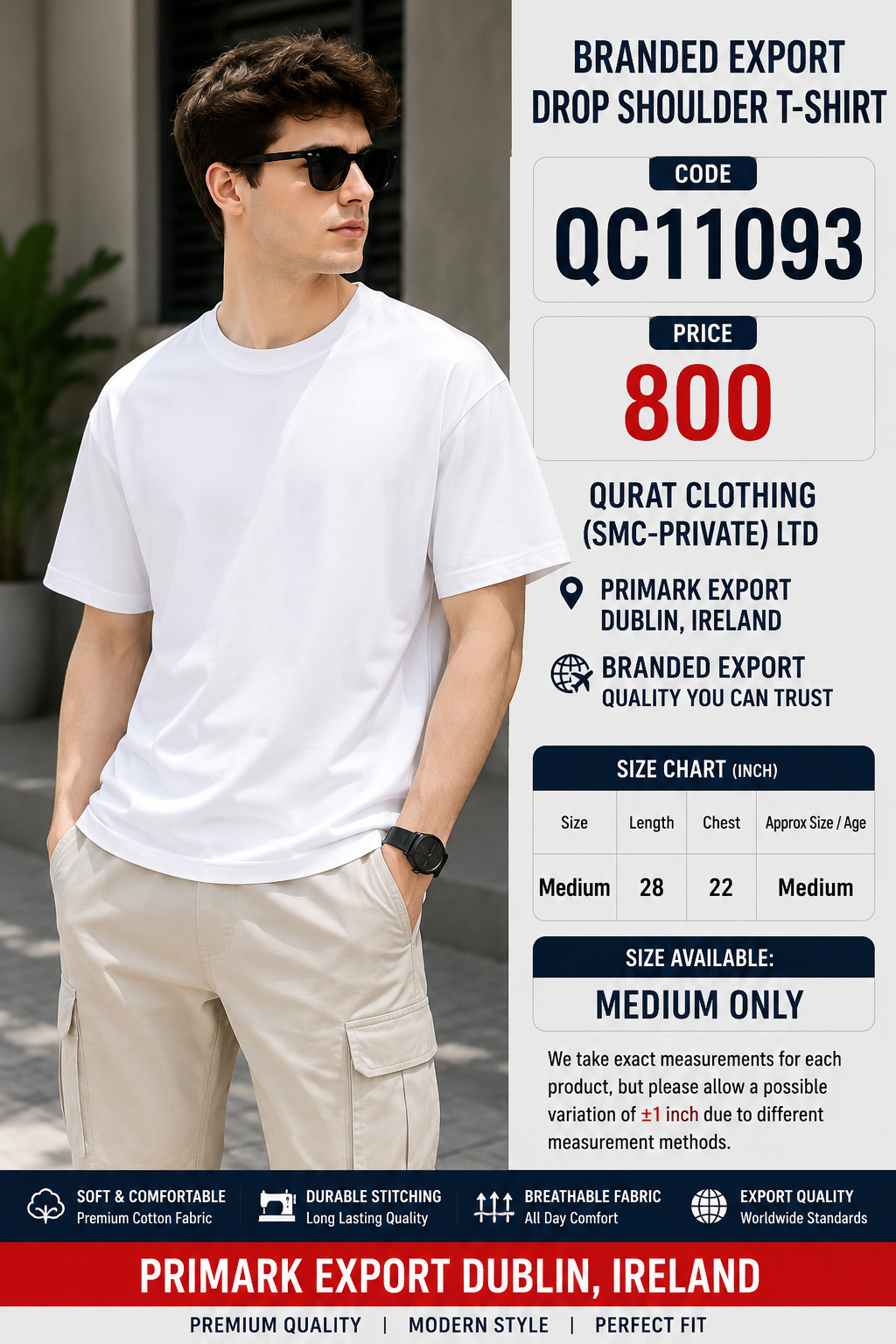 White Plain Branded Export Drop Shoulder T-Shirt QC11093 – Primark Export Dublin Ireland