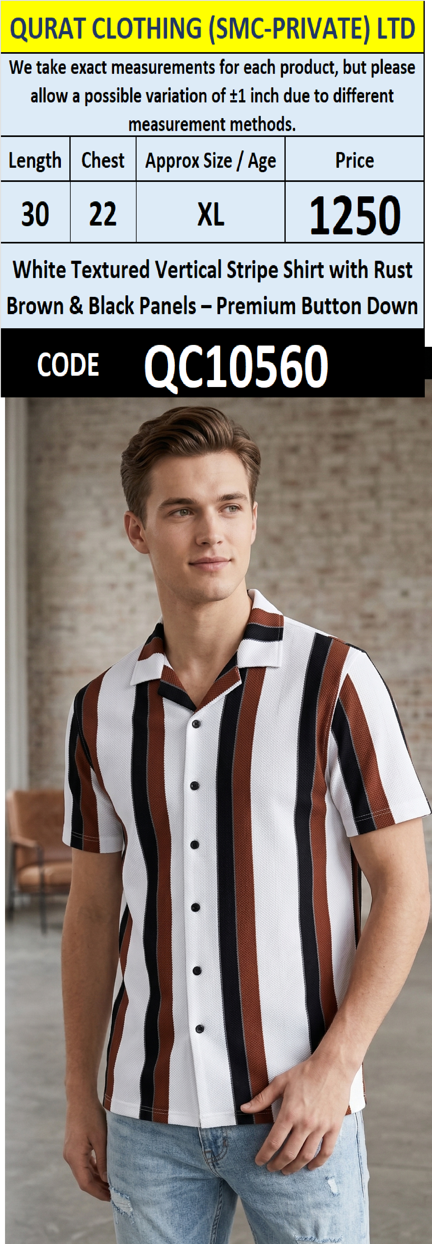 White Textured Vertical Stripe Shirt with Rust Brown & Black Panels – Premium Button Down – QC10560