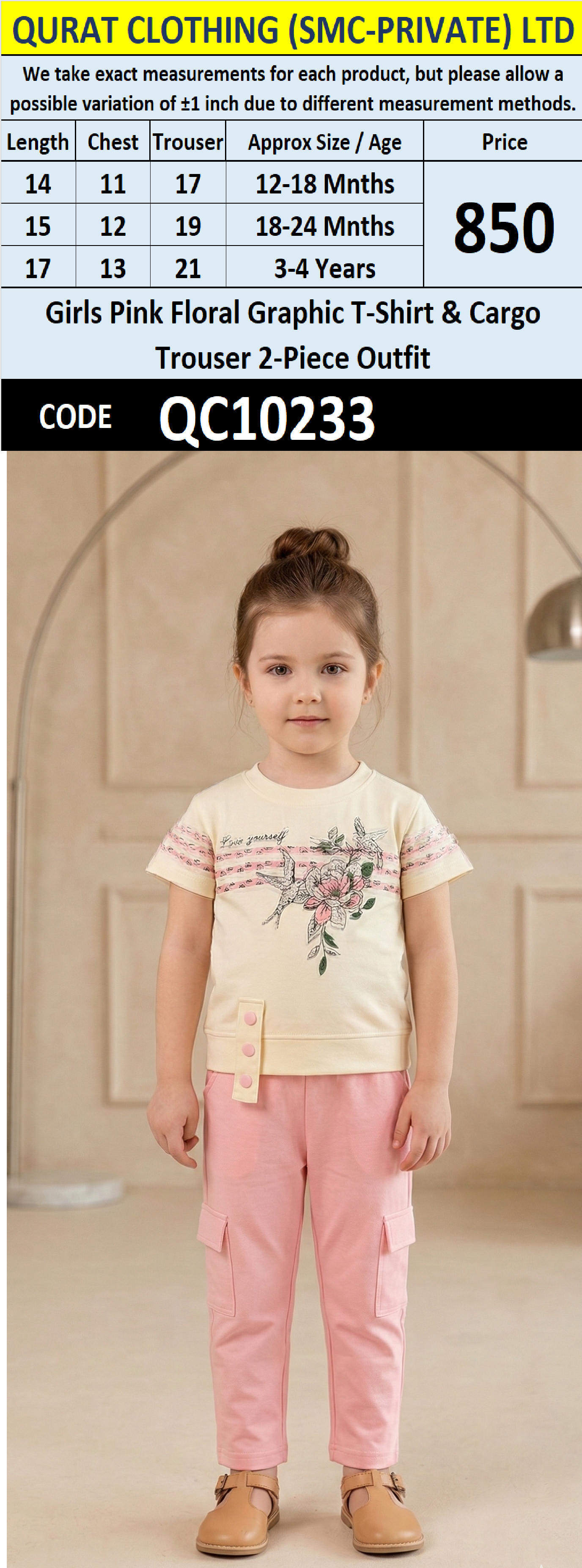Girls Pink Floral Graphic T-Shirt & Cargo Trouser 2-Piece Outfit – QC10233