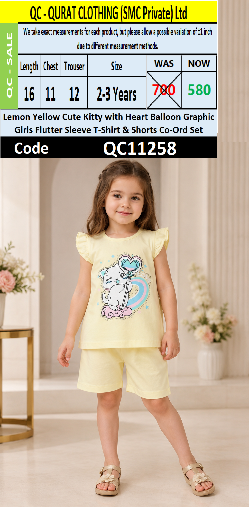 Lemon Yellow Bunny Rainbow Graphic Girls Flutter-Sleeve T-Shirt & Shorts Set QC11258
