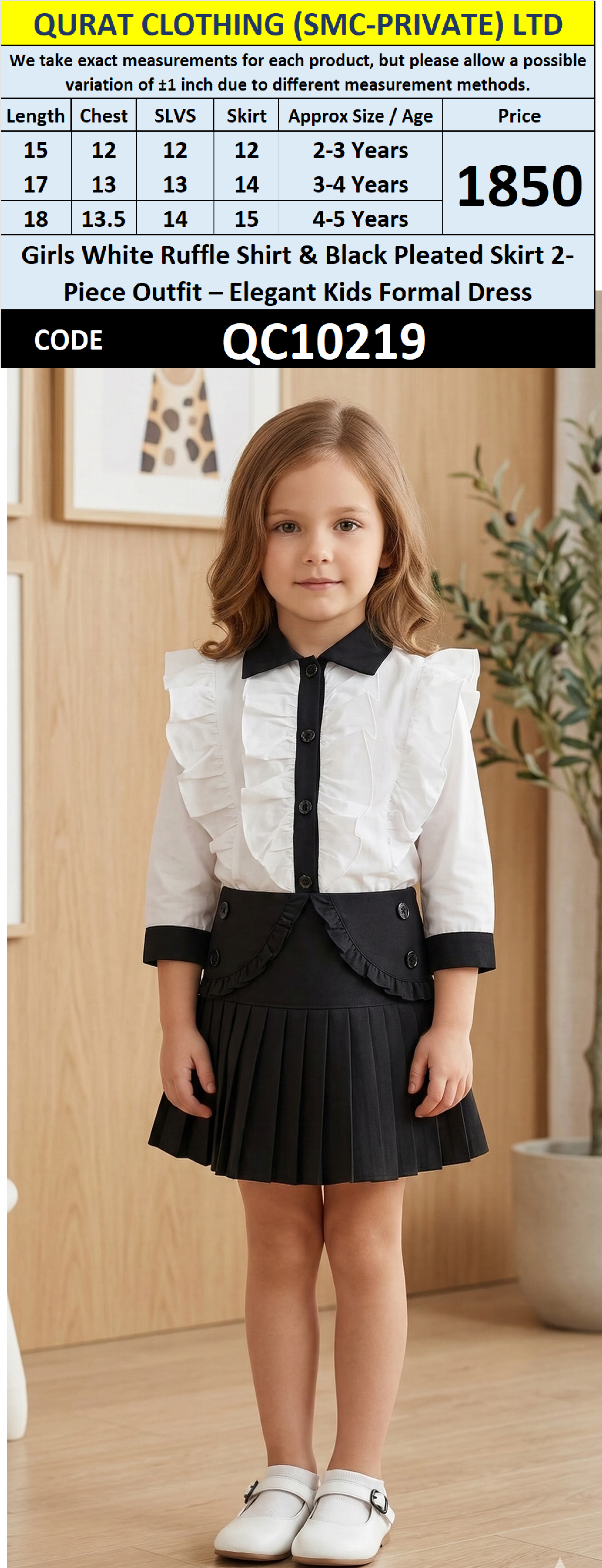 Girls White Ruffle Shirt & Black Pleated Skirt 2-Piece Outfit – Elegant Kids Formal Dress – QC10219 - QC10219