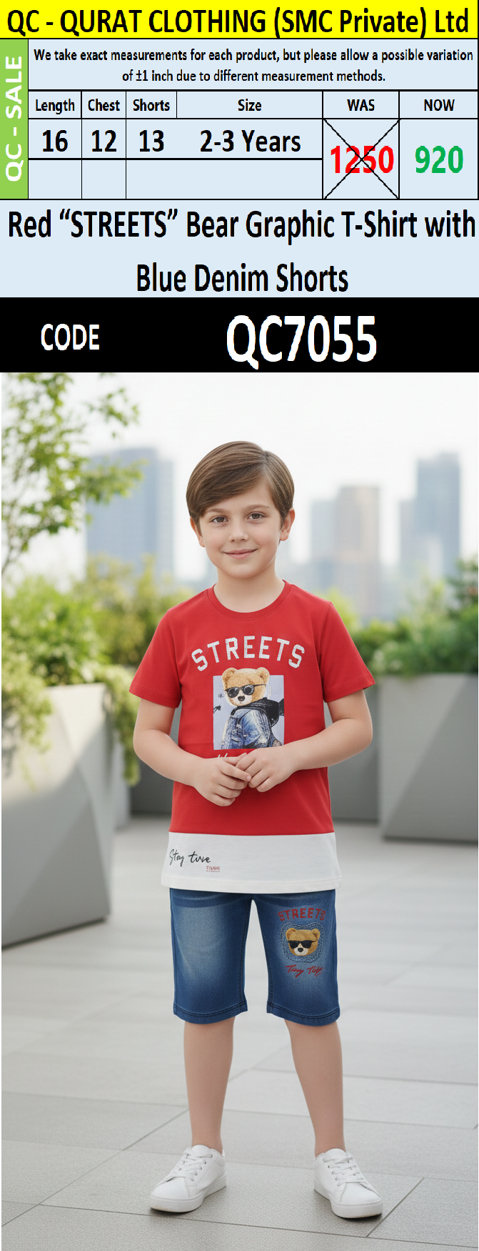 Red “STREETS” Bear Graphic T-Shirt with Blue Denim Shorts Boys Summer Set QC7055