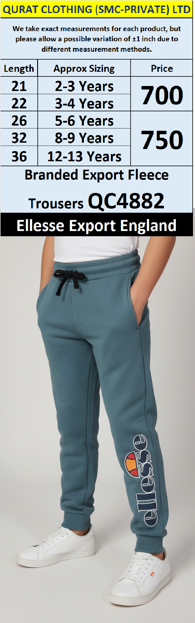 Ellesse QC4882 Blue Fleece Jogger Trousers – Kids Branded Export England