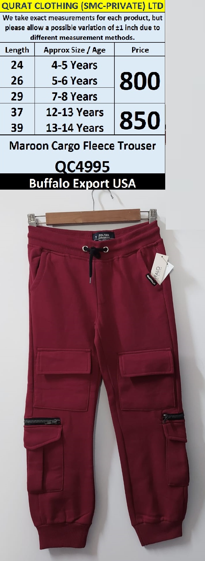 Buffalo Brand Maroon Cargo Fleece Trouser QC4995 – Export USA