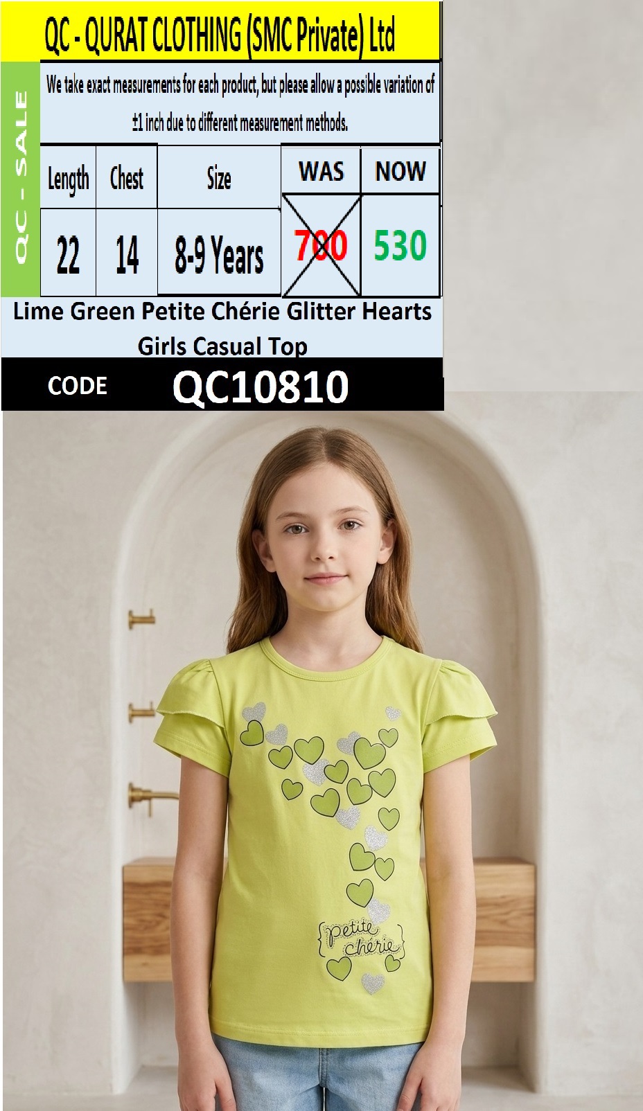 Lime Green Petite Chérie Glitter Hearts Girls Casual Top QC10810