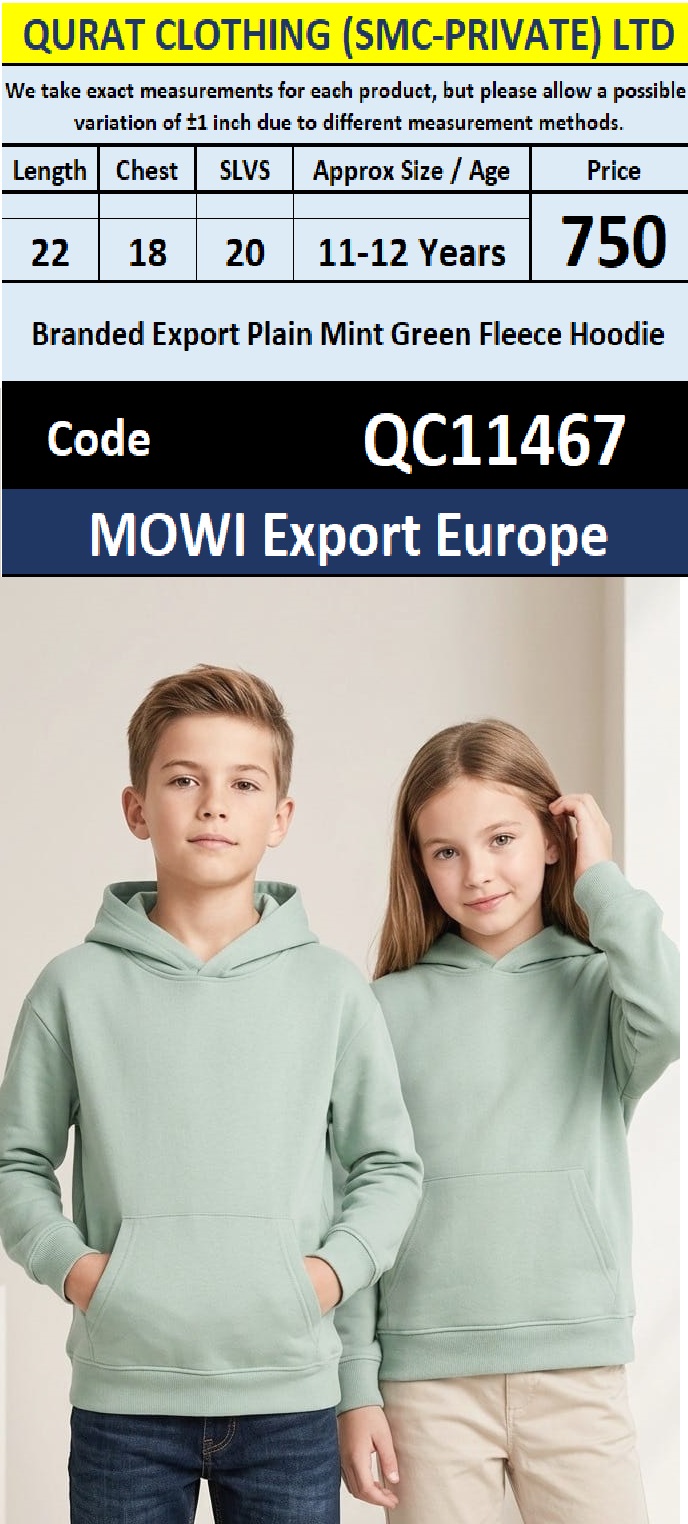 QC11467 – Branded Export Plain Mint Green Fleece Kids Hoodie – MOWI Export Europe