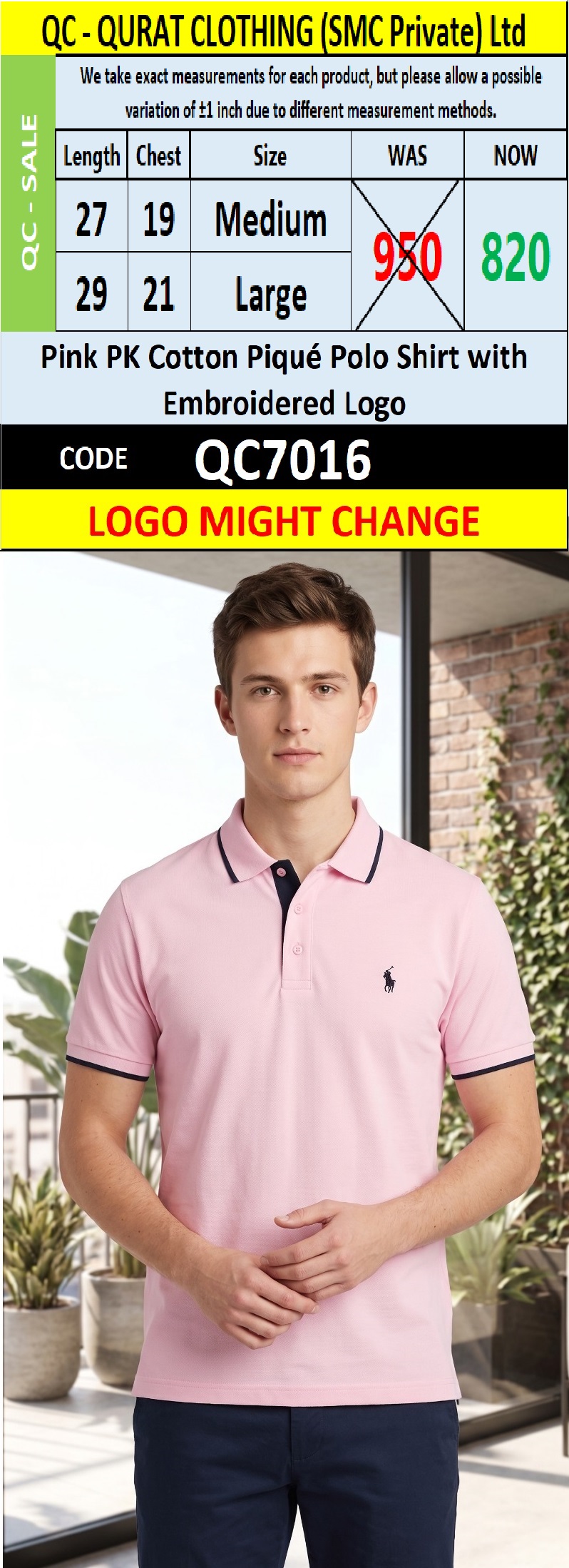 Light Pink PK Cotton Piqué Polo T-Shirt Contrast Collar Men’s Regular Fit QC7016