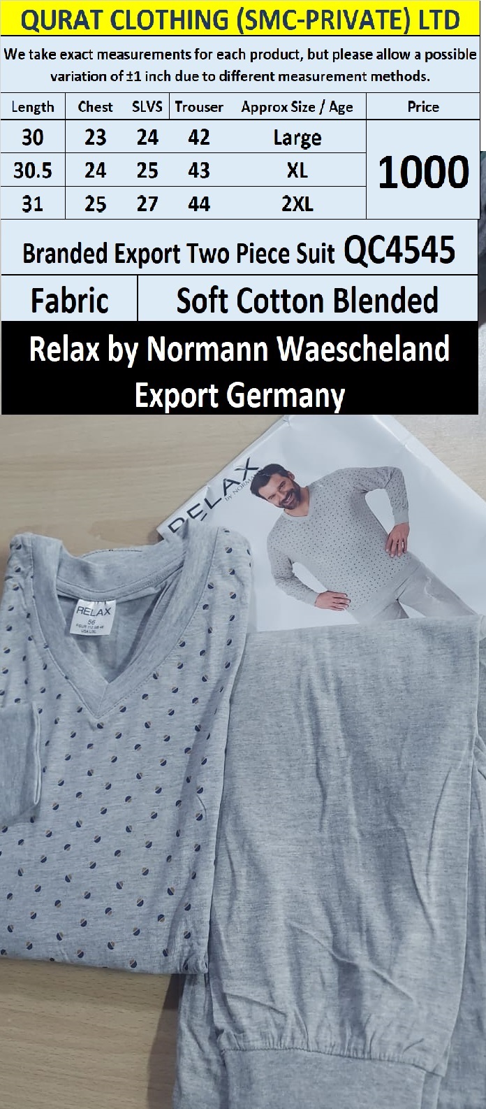 Relax by Normann Waescheland Branded Two Piece Suits QC4545 Export Germany